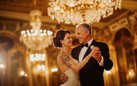 Bride and her father are dancing in a ballroom with beautiful chandeliersの素材