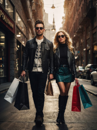 Fashionable couple is carrying shopping bags while walking down the streetの素材