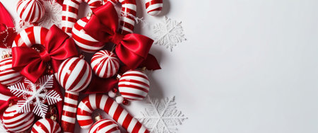 Christmas banner with modern ornaments and candy canes creating a festive background with copy paste space.の素材