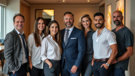 Multiethnic business team standing together in office corridor.の素材