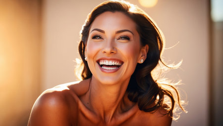 Beautiful woman with long brown hair is smiling on a blurred background.の素材