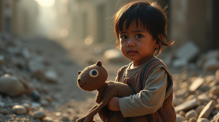 Refugee child is holding his teddy bear while standing in the ruins of a war torn city.の素材