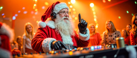 Santa claus dj wearing headphones mixing music on turntables at a christmas partyの素材