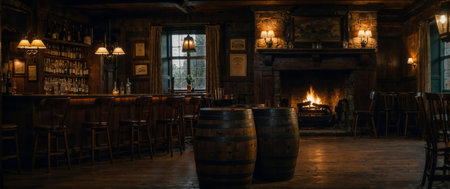 Warm and inviting Irish pub interior featuring a burning fireplace, wooden barrels, and a traditional bar, creating a cozy and authentic atmosphereの素材