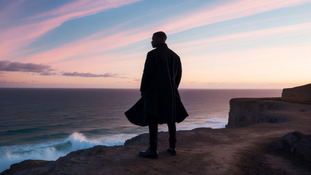 Stylishly dressed man stands on a cliff, admiring the breathtaking view of the ocean waves crashing against the rocks during a vibrant sunsetの素材
