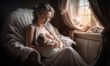 Mother breastfeeding her newborn baby while sitting in armchair near window with curtainsの素材