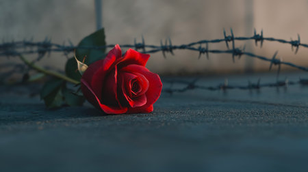 Red rose placed near barbed wire, creating a poignant image of remembrance, hope, and resilience in the face of adversityの素材