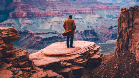 Man standing on a cliff at the canyon enjoying the view.の素材