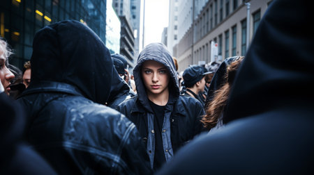 Protesters marching on a city street following a young womanの素材