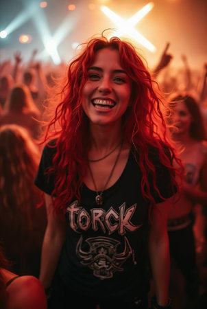 Vibrant scene of a smiling woman with red hair enjoying a live music concert, surrounded by a lively crowd and stage lights.の素材
