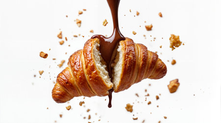 Rich melted chocolate sauce pours dramatically onto a perfectly flaky, golden-brown croissant torn in half, surrounded by scattered pastry crumbs against pure white background.の素材