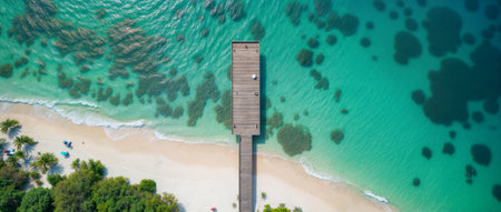 Aerial view of long wooden boardwalk extending into crystal-clear turquoise waters, connecting pristine white sandy beach with palm trees to vibrant coral reef patterns beneath surface.の素材