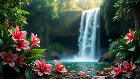 Majestic waterfall cascades into serene turquoise pool surrounded by lush tropical vegetation, with vibrant pink hibiscus flowers framing foreground and floating petals creating natural harmony.の素材