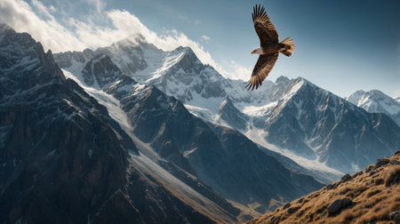 A magnificent bald eagle glides gracefully against backdrop of towering snow-covered peaks, dramatic glacial valleys, and wispy clouds, embodying freedom and untamed natural beauty.の素材