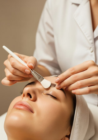 Professional beautician carefully applies facial treatment with brush on relaxed client in upscale spa setting.の素材