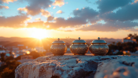 Three decorative containers with intricate patterns positioned on weathered stone surface during golden hour. Warm sunlight creates dramatic bokeh effects perfect for religious, cultural, or luxury...の素材