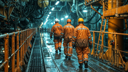 Three workers in orange safety suits and hard hats walk through illuminated underground industrial tunnel. Perfect for mining, construction, safety training materials.の素材