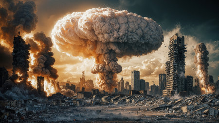 Dramatic nuclear explosion with massive mushroom cloud rising above destroyed city skyline. Apocalyptic scene shows devastated buildings, debris, and intense atmospheric lighting for sci-fi projects.の素材