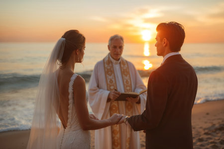 Couple exchanges vows at a scenic beach wedding with a priest at sunsetの素材