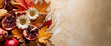 Autumn composition with pomegranates, flowers, leaves and feathers creating a natural and warm feeling.の素材