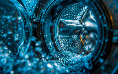 Washing machine drum rotating with water splashing around, creating a dynamic and refreshing image.の素材