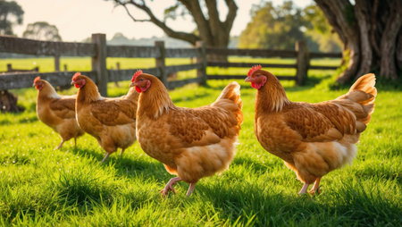 Four healthy chickens walking on a green grass field at a free range poultry farm.の素材