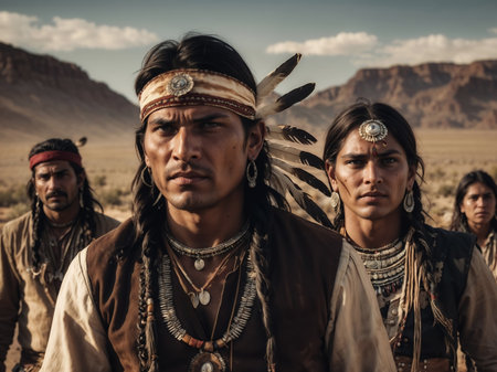 Group of native american men wearing traditional clothing standing in a dry desert landscapeの素材