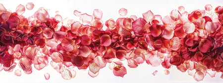 Romantic atmosphere with pink and red hydrangea petals floating on white background.の素材