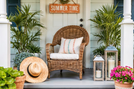 Welcoming front porch is decorated for summer with a wicker chair, straw hat, and potted plantsの素材