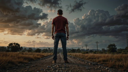 Young man is standing on a dirt road, watching the sunset under a dramatic sky.の素材
