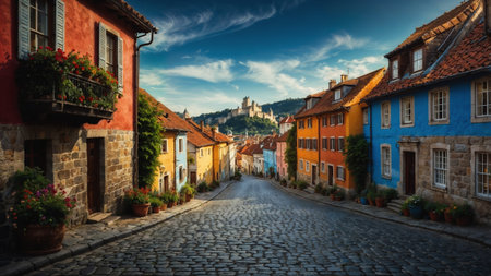 Charming cobblestone street lined with colorful houses with flowers leads to a castle on a hilltop in a historic european townの素材
