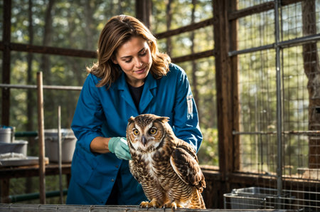 Smiling female wildlife veterinarian examining a great horned owl in a rehabilitation center.の素材