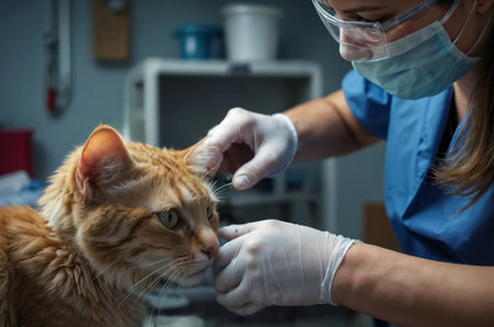 Veterinarian wearing gloves and a mask is examining a ginger cat in a veterinary clinicの素材