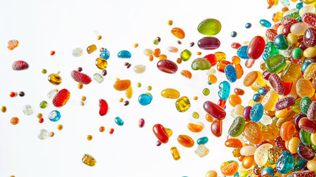 Assortment of colorful candies exploding out from the right side of the frame against a white background.の素材
