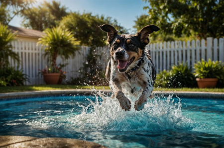 Happy dog jumping into a swimming pool on a sunny day.の素材