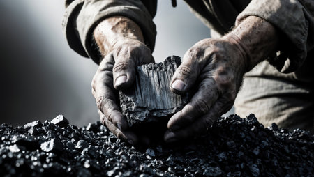 Miner holding coal piece, concept of mining industry and energy resourcesの素材