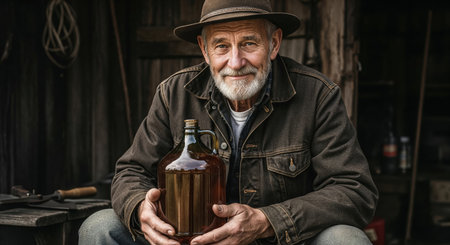Smiling elderly artisan in fedora hat holds amber glass jug in atmospheric workshop. Perfect for distillery marketing, craft brewing campaigns, heritage brand advertising, artisan stories.の素材