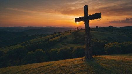 Rustic wooden cross stands solemnly atop grassy hillside overlooking verdant valleys and distant mountains, backlit by stunning orange and purple sunrise sky creating spiritual ambiance.の素材