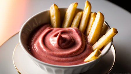 Creamy pink-hued berry smoothie presented in elegant white ceramic bowl with spiral swirl pattern, accompanied by crispy golden French fries creating sweet-savory contrast in modern styling.の素材