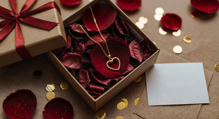 Elegantly presented gold heart pendant necklace nestled among dark red rose petals in luxury gift box, accompanied by blank note card and scattered gold confetti, perfect for Valentine's Day.の素材