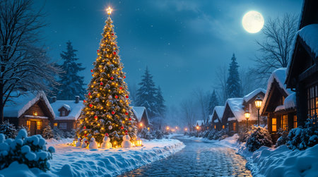 Festive christmas tree illuminating snowy village street at night with full moon, creating a magical and cozy atmosphereの素材