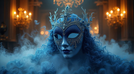 Portrait of mysterious woman wearing venetian carnival mask with blue curly hair and crown in luxury palace interiorの素材