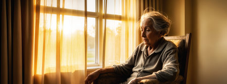 Elderly woman looking through window enjoying golden hour sunlight while sitting on armchair at homeの素材
