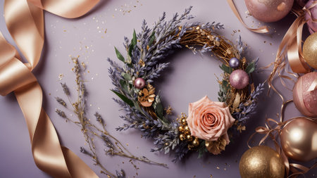 Christmas wreath with lavender, rose, and golden ornaments is surrounded by shiny ribbons and baubles, creating a festive atmosphereの素材