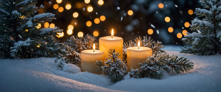 Christmas banner with burning candles surrounded by snow covered fir branches, creating a warm and festive atmosphere with bokeh lights in the backgroundの素材