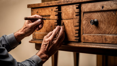 Close up of carpenter's hands meticulously restoring a vintage wooden drawer using traditional toolsの素材