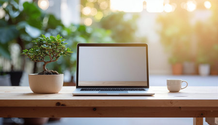Peaceful home office setup with open laptop, small bonsai plant in ceramic pot, and coffee cup on natural wood surface. Soft ambient lighting creates calming atmosphere for productivity.の素材