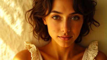 Close-up portrait bathed in warm golden light highlighting delicate features, wavy brunette hair, and striking green eyes. Subtle makeup enhances natural beauty while soft textured clothing adds romantic vintage appeal.の素材