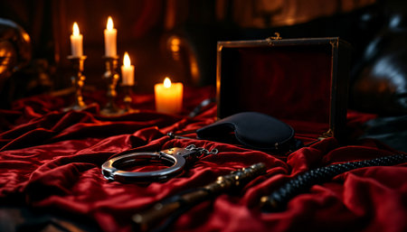 Intimate accessories arranged on red velvet create a sensual atmosphere, illuminated by the warm glow of burning candlesの素材