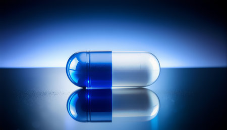 Modern pharmaceutical capsule featuring translucent blue and clear design with soft illumination and mirror reflection. Perfect for healthcare, medicine, and futuristic supplement branding.の素材